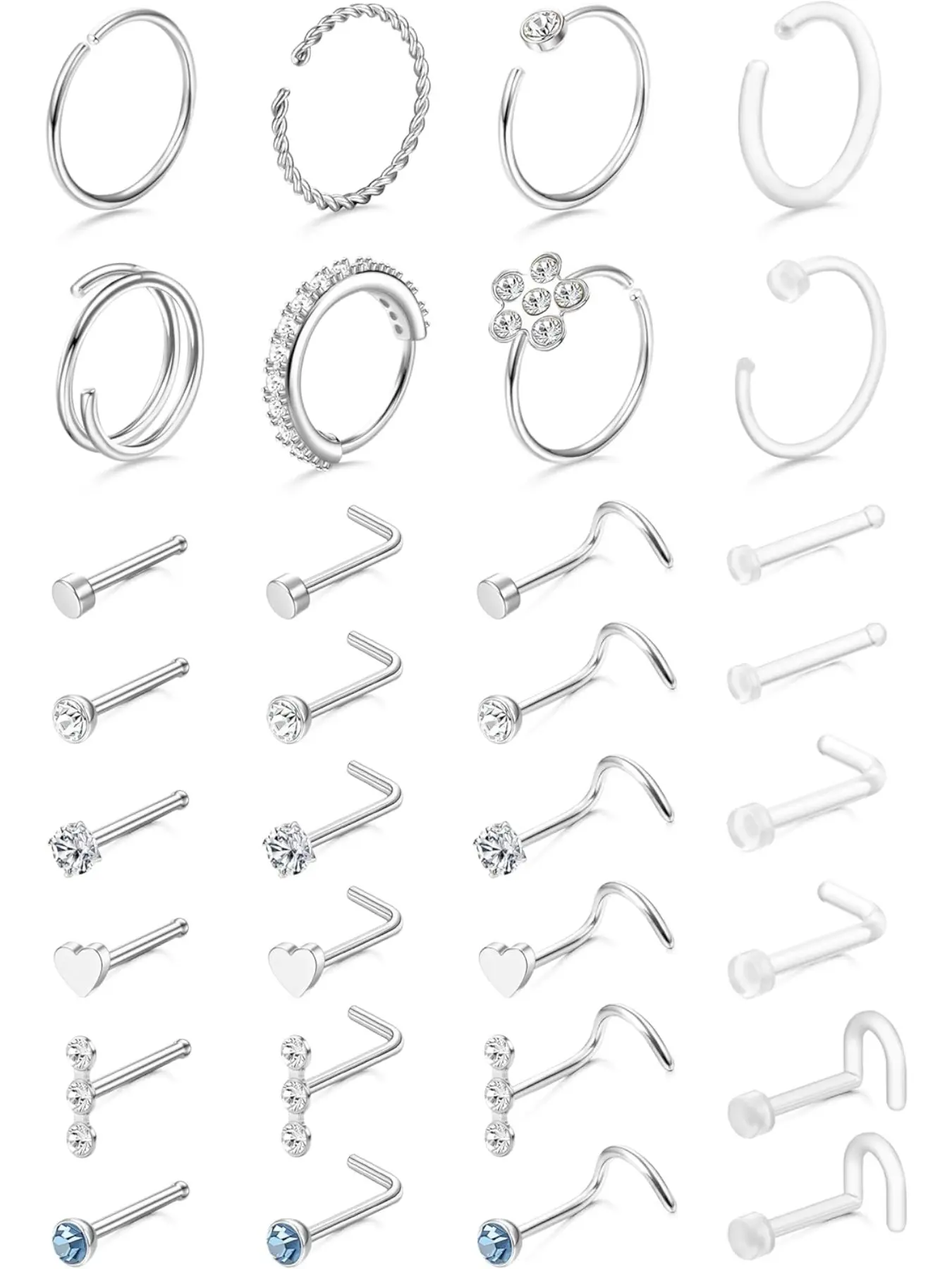 32 Pcs Nose Rings for Women Men - Hypoallergenic Stainless Steel Retainer Clear L Shape/Straight/Corkscrew Nose Rings Hoops Cartilage Helix Tragus Piercing Jewelry Body Piercings 18G/20G Body Jewelry Set