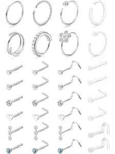 32 Pcs Nose Rings Set for Women Men - Hypoallergenic Stainless Steel Retainer Clear L Shape/Straight/Corkscrew Nose Rings Hoops Cartilage Helix Tragus Piercing Jewelry 18G/20G Body Piercing Jewelry Rhinestone Nose Ring