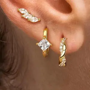Women's 3PCS Gold-Tone Alloy Shining Hoop Earrings, Stainless Steel Square Zirconia Dainty Stacking Helix Piercing Cartilage Jewelry, Daily Wear Gift, Hoop Earrings Gold, Helix Piercing Earrings
