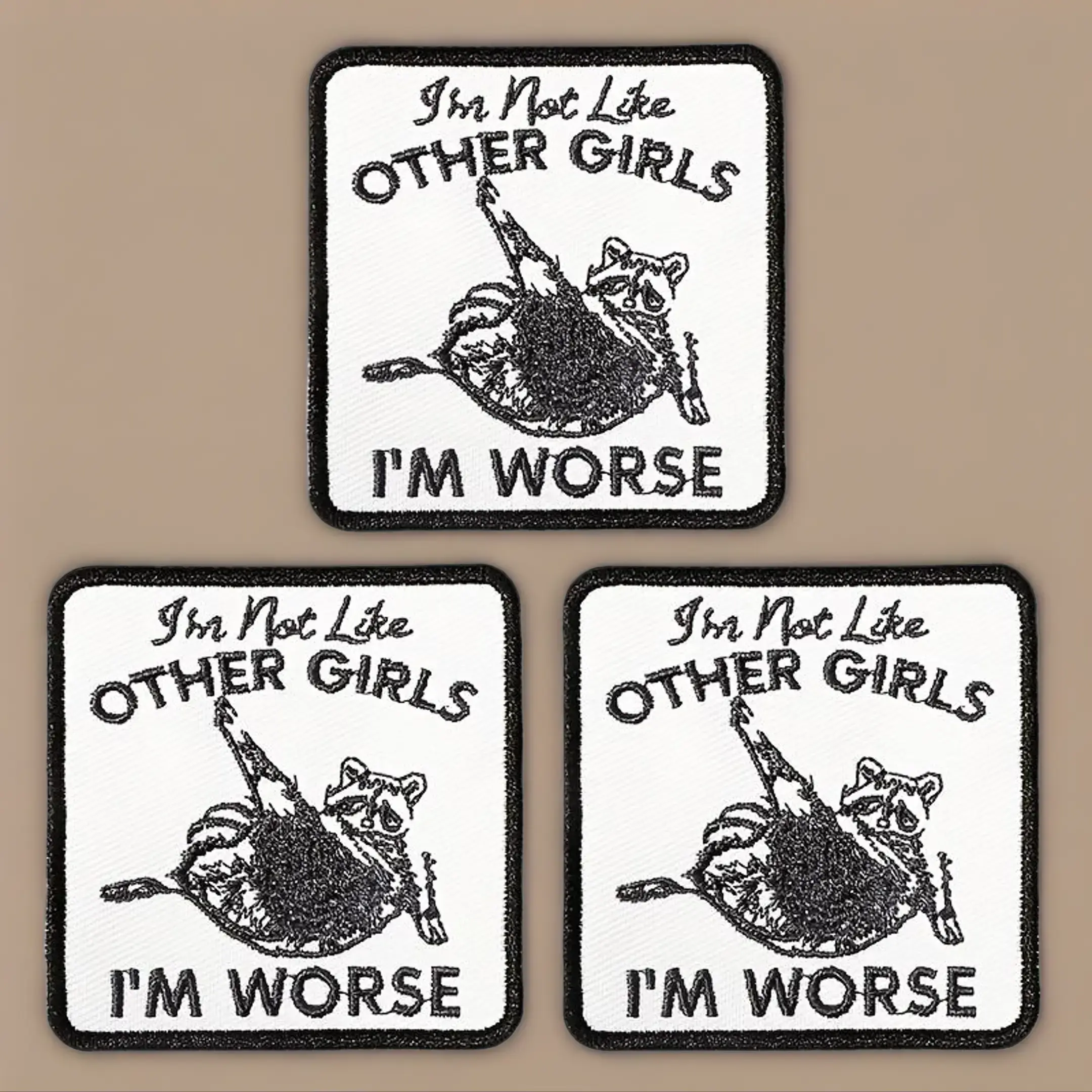 3-Piece Set Embroidered Raccoon Patches - "I'm not like other girls, I'm worse" Slogan, Iron-On/Sew-On Application, Raccoon Print, Fabric Sewing Accessories for Jackets, Bags, Hats, Knitted, 3 Pieces Of Embroidered Raccoon Patches