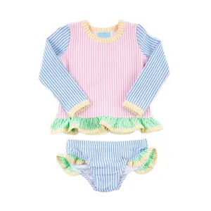 Colorblock Seersucker Long Sleeve Rash Guard Set - Girls 2 Pc Swimsuit