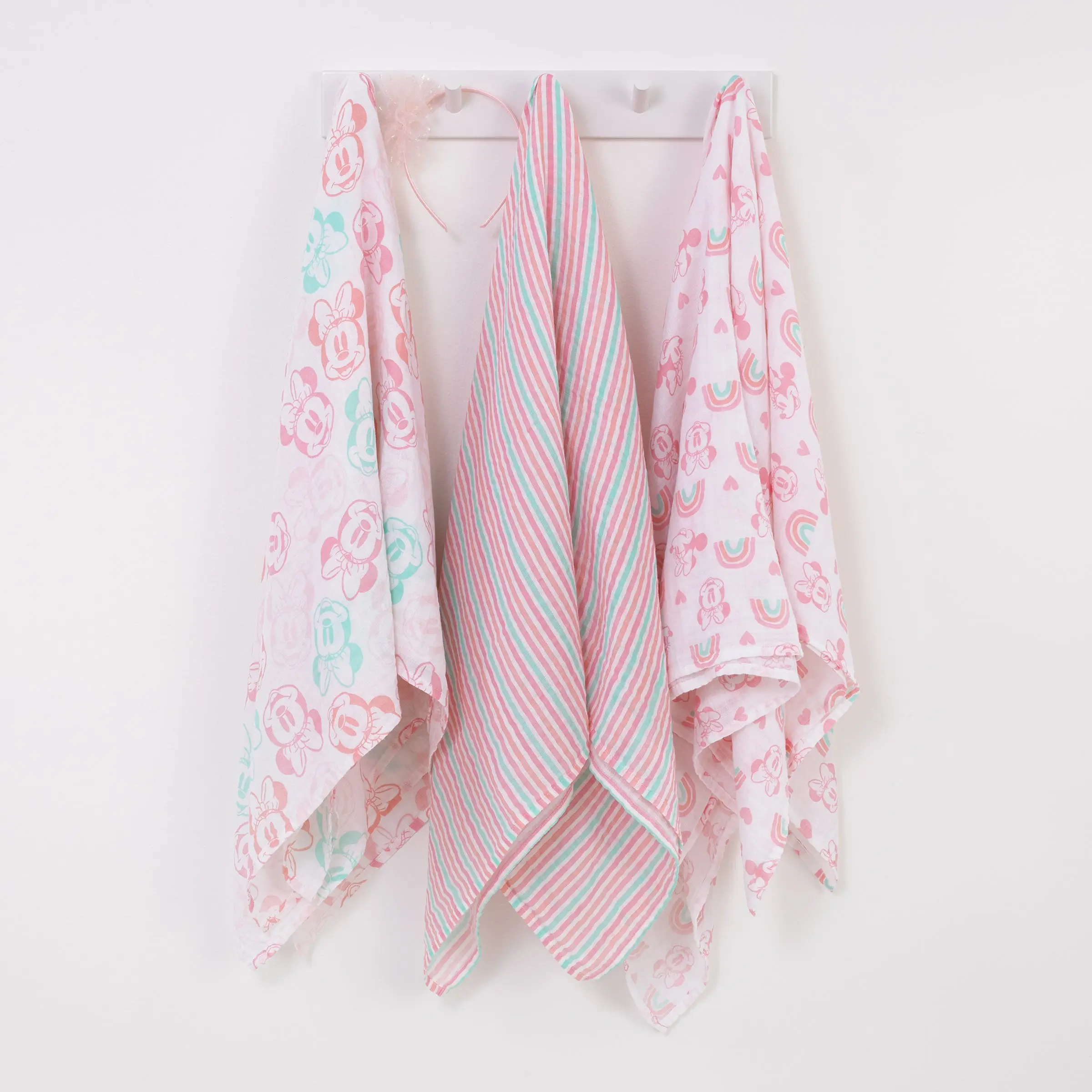 Disney Minnie Mouse Pink, Aqua, and White 3 Piece Muslin Swaddle Baby Blanket Set