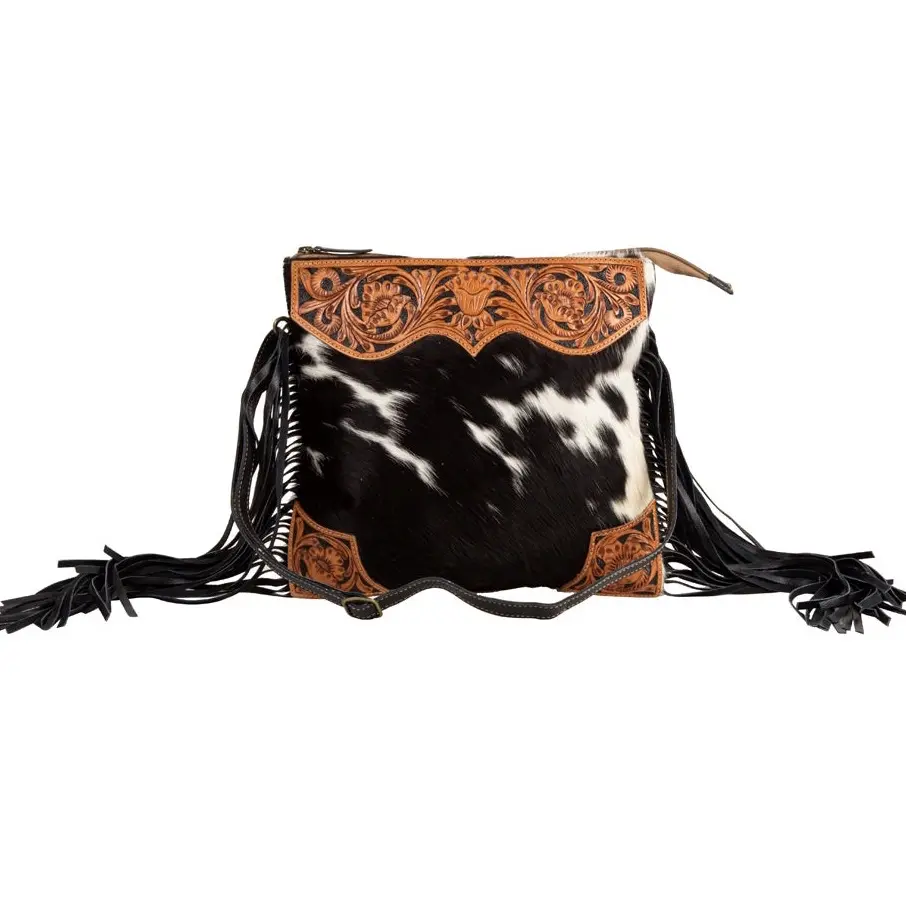 Tumbleweed Trail Fringed Hand-Tooled Bag with Caramel Leather, Black Fringe, and Adjustable Shoulder Strap