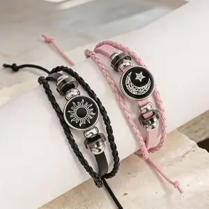 Sun and Moon Matching Bracelet Set for Couples, Black & Pink Braided Wristbands with Celestial Charms, Adjustable Wrist Jewelry for Best Friends & Lovers