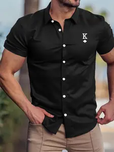 Men's Heart Print Short Sleeve Button Front Casual Fitted Shirt, Regular Fit Casual Comfy Top for Summer, Men's Clothes for Daily Wear