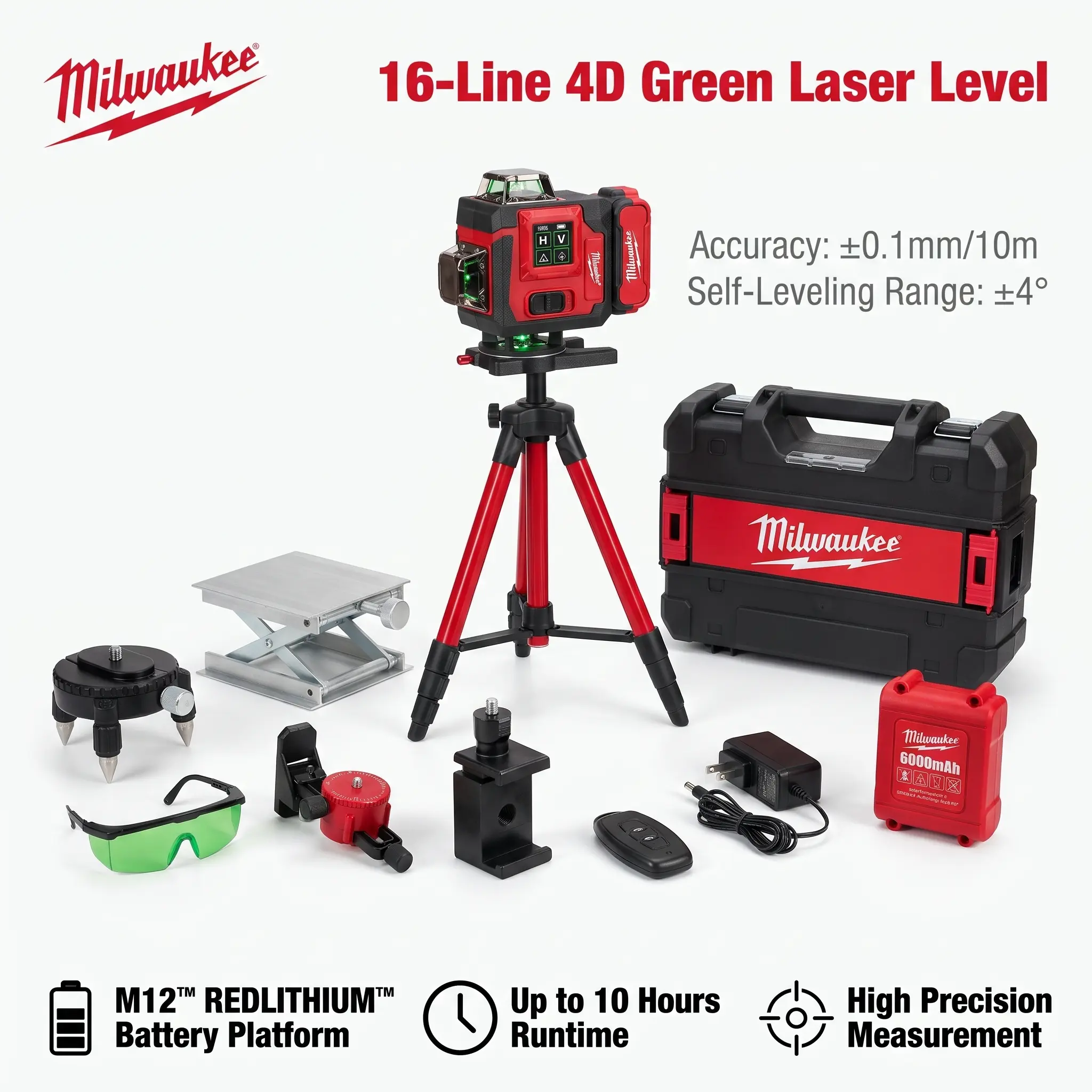 Milwaukee M12 4D Laser Level 16 Lines Green Beam Self Leveling Tool, ±0.1mm/10m High Accuracy, 360° Horizontal & Vertical Laser Level For Construction, Wall Alignment, Ceiling Installation & Remodeling torque