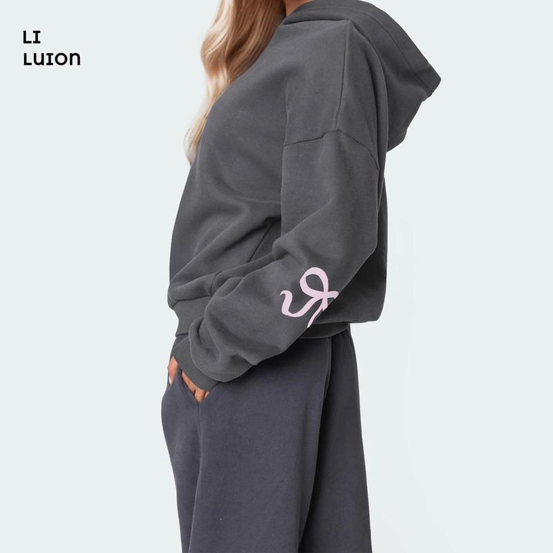 Women's Bow Print Hoodies Oversized Long Sleeve Hooded Sweatshirts Graphic Drop Shoulder Pullover Tops Y2K Clothing