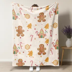 Christmas Themed Blanket Candy Cane & Biscuit & Christmas Tree & Snowflake Pattern Lightweight Flannel Plush Fuzzy Soft Warm Blankets Gift for for Home Office Travel