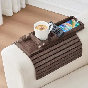 Detachable Natural Bamboo Anti-Falling Sofa Arm Tray, Portable Couch Armrest Table Cup Holder for Remote Snacks Phone Drinks, Safe for Family Use
