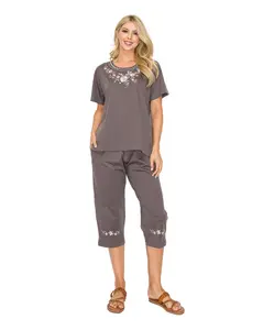 Women's Short Sleeve Embroidered Blouse and Matching Capri Set D Grey WS16