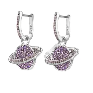 Purple artificial gemstone planet earrings, 925 sterling silver, stylish planet design, unique and trendy, elegant purple gemstones meticulously set into the ear clasps. Suitable as a gift for couples, birthday present