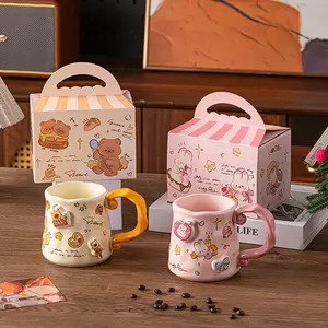 520ML Cute Bear Rabbit Ceramic Mug Set, 3D Sticker Coffee Cup, Thick Porcelain Microwave Safe, Bunny Bear, Perfect Gift