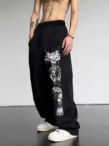 Men's Casual Loose-Fit Sweatpants, Rose Skull Graphic Print Drawstring Wide Leg Pants, All-Season Comfortable Men's Clothing