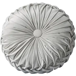 Round Velvet Pillow for Couch Small Handmade Decorative Throw Pillow for Bed Bedroom 13.7” Light Grey