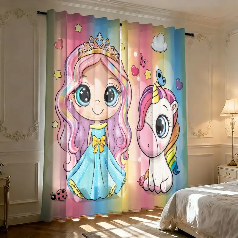 2 pieces, installed using pocket rod method. Features digital princess and unicorn printed curtains. Suitable for living room, closet, bedroom, study, dining room and home decoration. Window Decorations Supplies. Home Textile