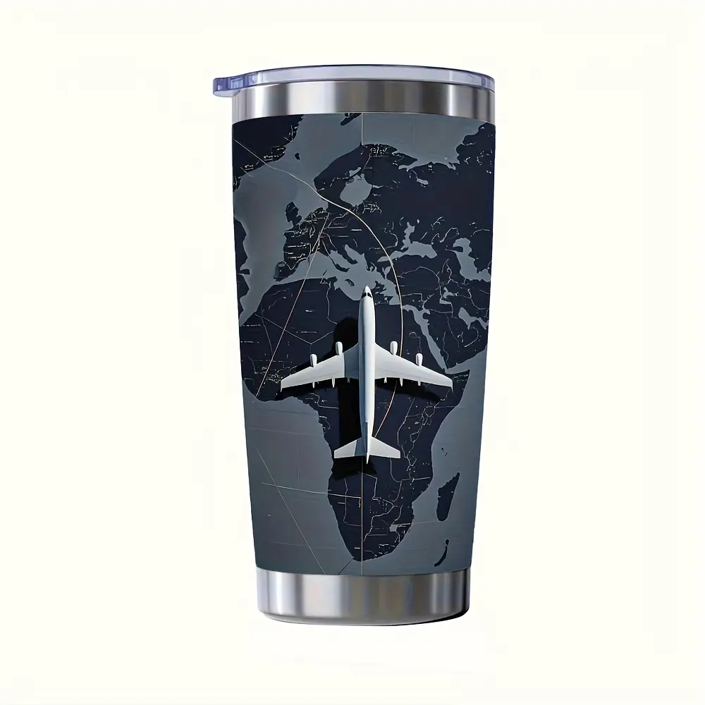 Stainless Steel Tumbler with Airplane Map Design, 20oz Slim Shape Casual Coffee Cup for Travelers, Double Wall Insulated with Lid for Indoor & Outdoor Adventures, Print, Leak-Proof, Travel Must Haves, Adults, Slim Design, Heat Resistant