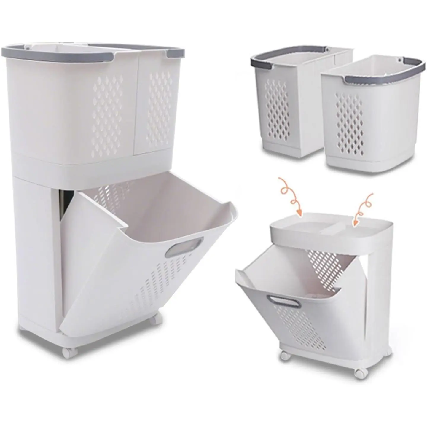 2 Tier Rolling Laundry Hamper Sorter, 3 Removable Laundry Basket Cart with Wheels and Handle, Portable Storage Baskets for Kitchens, Bathrooms, Bedrooms and Laundry Rooms