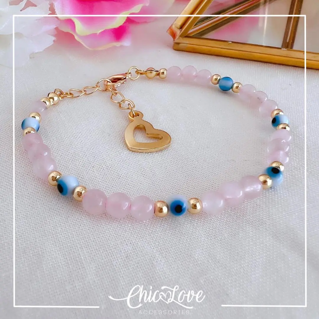 Self-Love & Energy Shield – Rose Quartz + Evil Eye Bracelet, Handmade in USA, Gold Plated, Healing Natural Gemstone