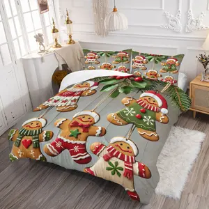 Gingerbread Man Christmas Ornaments Comforter Set, Bedding Set with Festive Icing Details, Green Pine Branch & Holly Background, Ideal for Xmas Bedroom Decorations, with 1 or 2 Pillowcase No Pillow Core