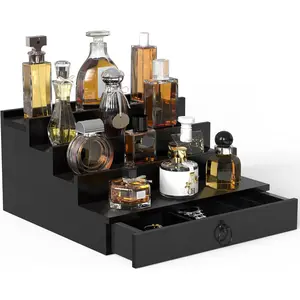 Cologne Organizer for Men, 4 Tier Black Wood Perfume Organizer with Felt Lining Drawer and Hidden Compartment, Perfume Display Holder, A Gift for Men