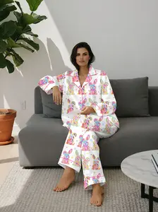 Women’s Coquette Girly Bunny Long Sleeve Satin Pajama Set, Gift For Mother's Day