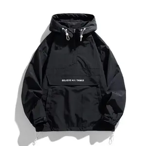 Men's Letter Print Drawstring Pocket Half Zipper Hooded Jacket,Regular Fit Windbreaker Jackets, Casual Long Sleeve Windproof Outerwear for Fall & Winter,Coat, Hoodie for Men,Men's Clothes for Daily Wear, Jackets for Men