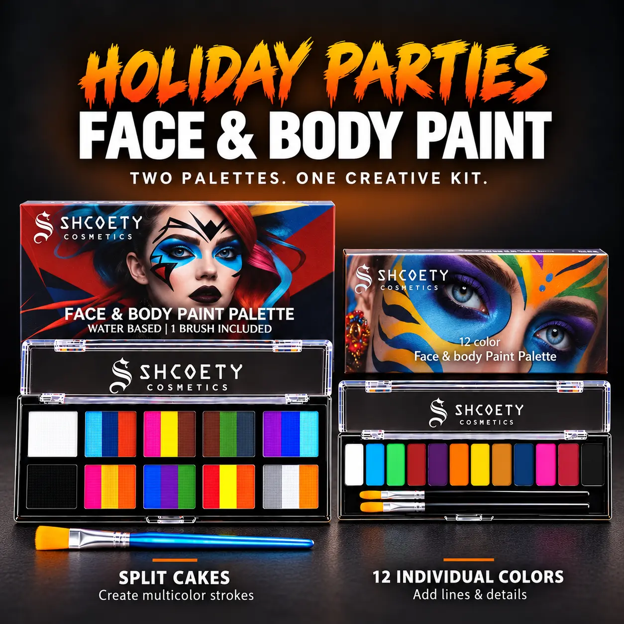Face Paint Kit - 12-Color or Split Cake Face & Body Paint Palette, Single or 2-Palette Bundle for Halloween, Cosplay Makeup (Art Supplies)
