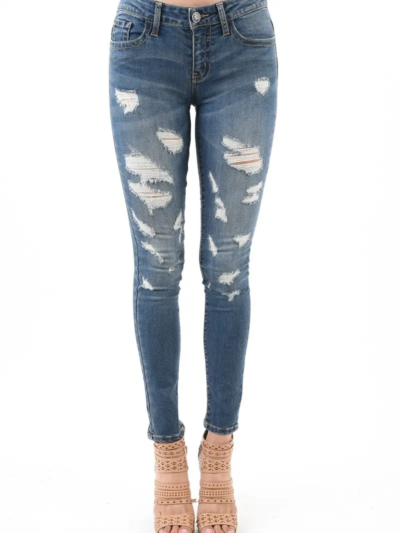 Denim Arts Co. Mid Rise Light Wash Destroyed Skinny Jeans | Stretch Boutique Denim