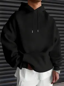 Men's Fashion Casual Street Style Solid Color Hooded Fleece Pullover Sweatshirt, Loose Fit Long Sleeve Winter Wear, Thick Knit Fabric