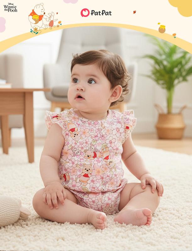 PatPat Disney Baby Girls' Viscose Bamboo 2-Pack Breathable Ruffle Sleeve Bodysuit Romper - Cinderella/Belle Characters, Snappy Closure, Bodysuit Outfit, 0-3 Months/12-18M/Up to 24M Infants, Toddler Clothing, Spring Baby Girls Clothing
