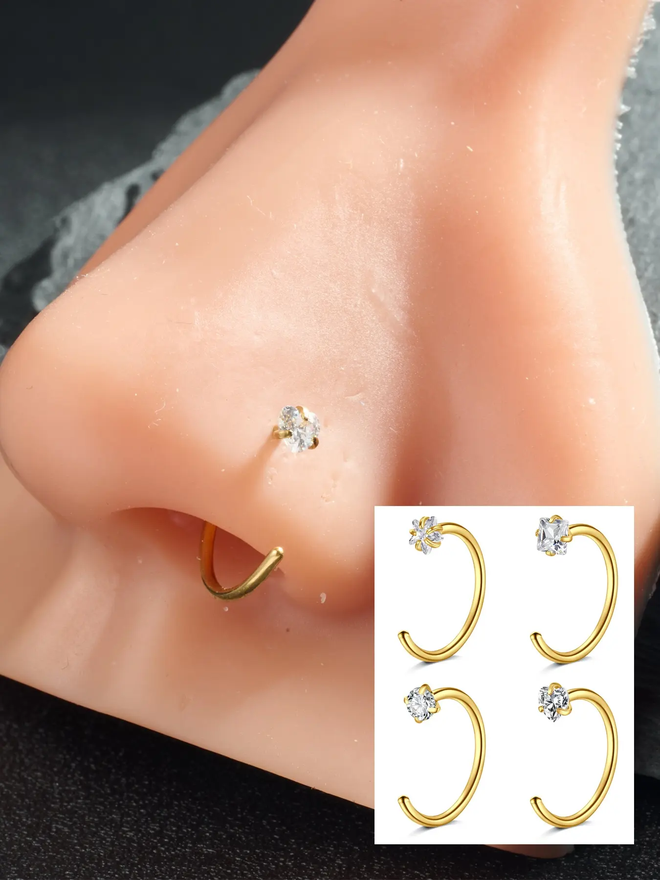 C Shape Nose Rings Hoop, 18 Gauge 10mm Stainless Steel Hypoallergenic Nose Piercing Jewelry with Heart Star Round Square Cubic Zirconia, Sparkling Nostril Rings for Women Men Daily Wear & Party