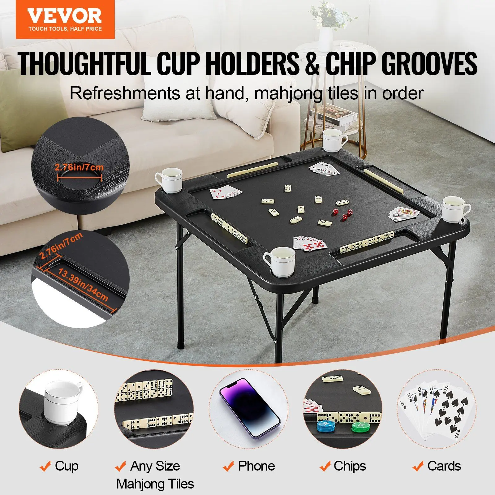 VEVOR 4-Player Folding Mahjong Table, Durable Card Table with 4 Cup Holders & Chip Trays for Friends, Family (Black, Ideal for Chips & Cards)