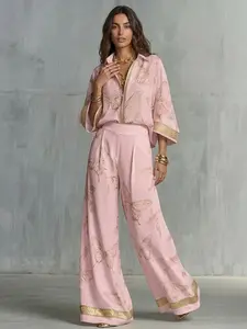 LikeMyChoice Exquisite Satin Gold Butterfly Print Button Down Shirt Oversized Kimono Sleeve Collared Blouse for Women