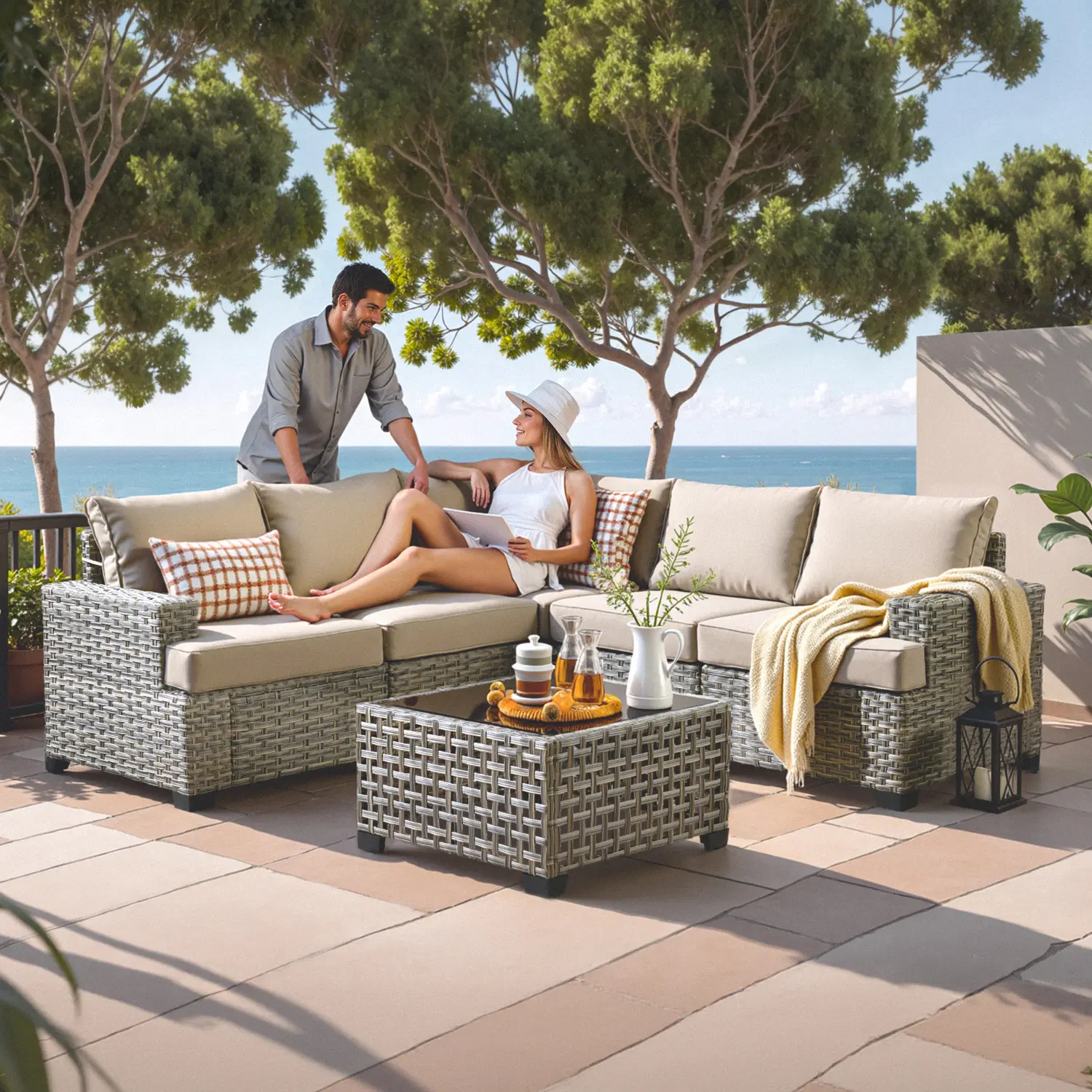 【Summerfinds】Ovios Patio Furniture Set 6-Piece Outdoor Wicker Sectional Sofa Set with Cushions, LED Light Table, 5-Seater Conversation Set for Backyard Garden Deck Patio Balcony Porch