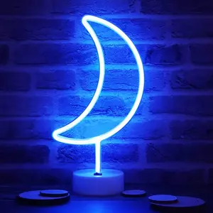 Blue LED Crescent Moon Neon Light with Holder Base - Artwork Novelty Lighting for Home Decor, Party Supplies, Children’s Gift