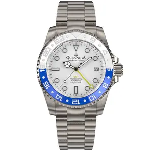 Oceaneva Men's GMT TITANIUM Automatic Deep Marine Explorer 1250M White & Blue Ceramic Bezel Watch with Luminous Brilliance
