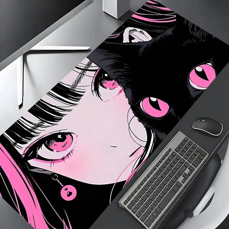 Anime Cool Girl & Cat Pattern Mouse Pad, Rectangle Gaming Mouse Pad, Non-slip Mousepad, Office Desk Keyboard Mouse Mat for Home Office Game Room Desk