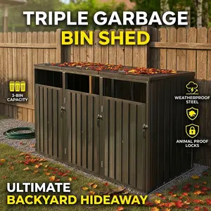 Outdoor Garbage Bin Shed Metal Trash Can Storage for 3 Bins Black Triple Waste Enclosure with Lid and Doors for Backyard Home Organization Garden Storage Cabinet Weatherproof Steel Hideaway Box Animal Proof Waste Container