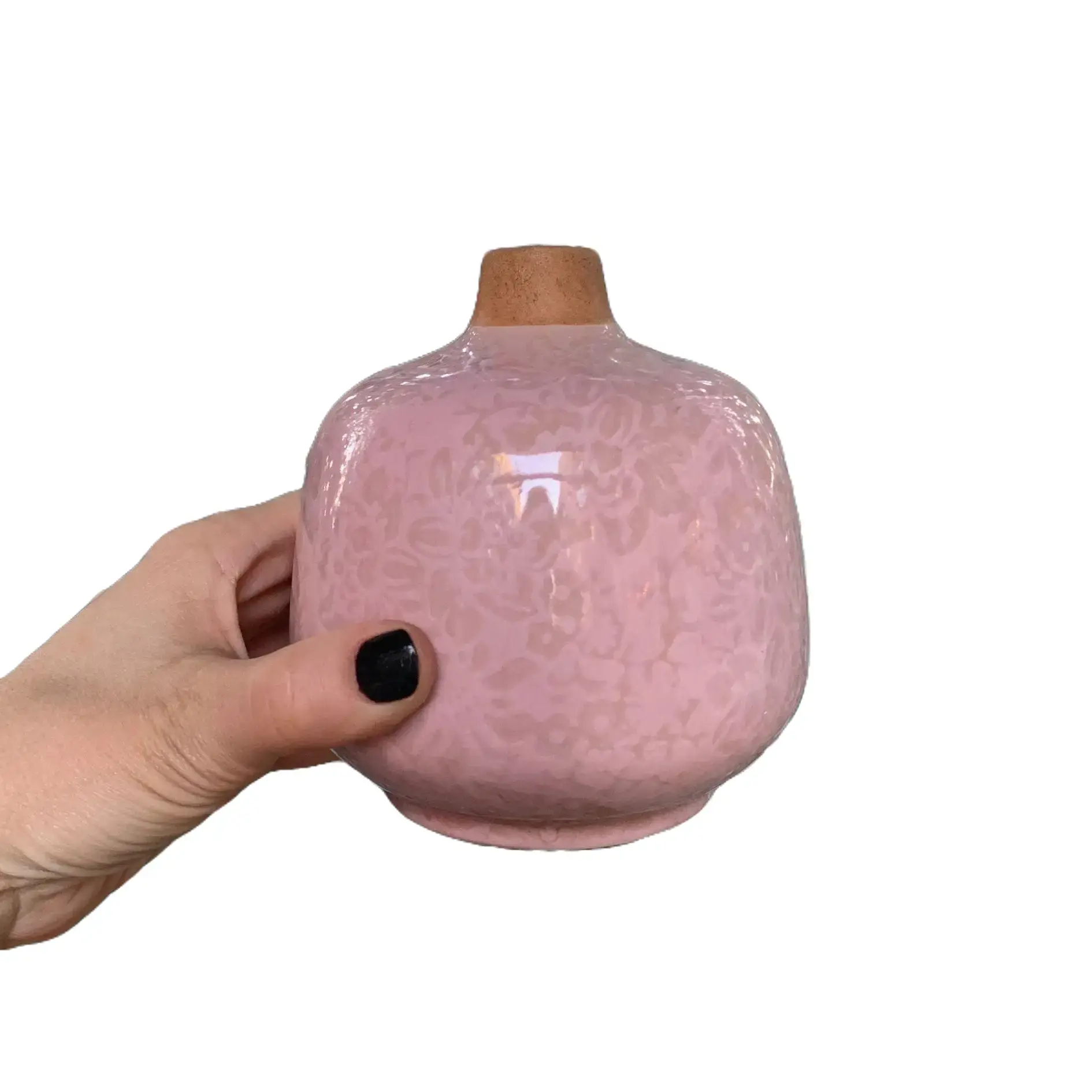 Creative Brands Small Ceramic Light Pink Bud Vase 4.52" x 4.92" Distressed Outline Flower Pattern Decorative Versatile Flower Pot for Plants & Ornaments