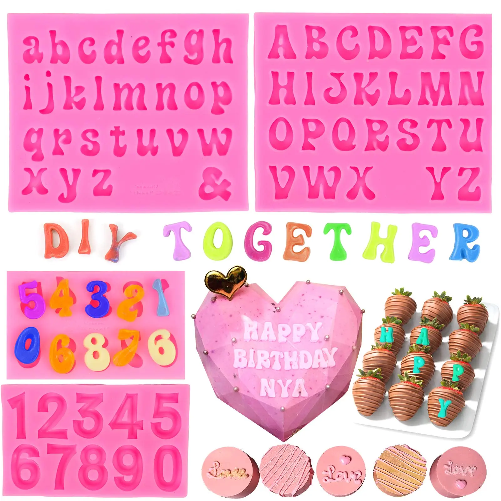 4Pcs Different Sizes Flexible Silicone Letter & Number Mold Kit - Uppercase, Lowercase Bakeware with Easy Demold for Chocolate Covered Strawberries, Candy - Cake Decorating Tools, Soap & Resin Supplies for Valentine’s Day DIY Projects, Kitchen Baking Gadg