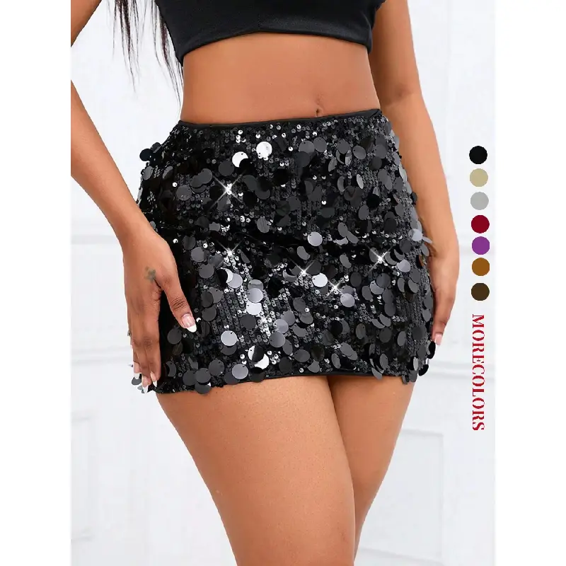 Women's Glitter Sequins High Waist Mini Skirt, Fashionable Culottes for Party Club Dating, Ladies Bottoms for All Seasons