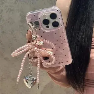 Fashion Heart Bow Pattern Phone Case with Pearl Heart Pendant, Phone Protective Cover, Phone Accessories Compatible with iPhone 15 14 13 12 11 Pro Max, Casing Smartphone Protector, Decorative Smartphone Protector