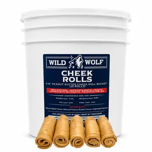 <NEW PRODUCT!> 4-6” Peanut Butter Collagen Cheek Roll Bucket (25 Rolls) 100% Natural and Extra-Thick - Single-ingredient - Long-lasting for Big Dogs and Aggressive Chewers - Dog Treat Chews Dental Sticks