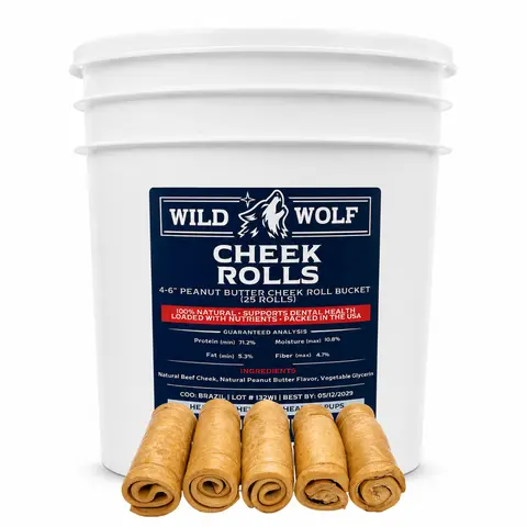 <NEW PRODUCT!> 4-6” Peanut Butter Collagen Cheek Roll Bucket (25 Rolls) 100% Natural and Extra-Thick - Single-ingredient - Long-lasting for Big Dogs and Aggressive Chewers - Dog Treat Chews Dental Sticks