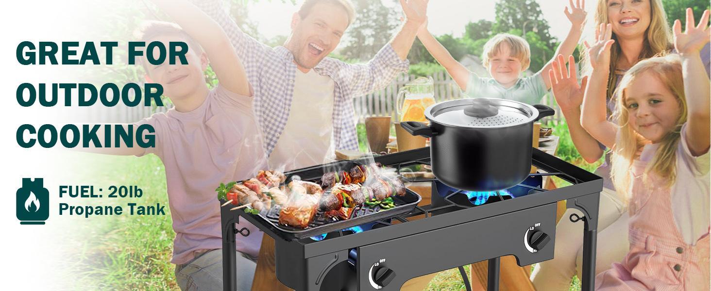 GEEKHOM Propane 3 Burner Camp Stove Outdoor High Pressure Propane 2 Burner Adjustable PSI Regulator and Steel Braided Hose With Removable Legs