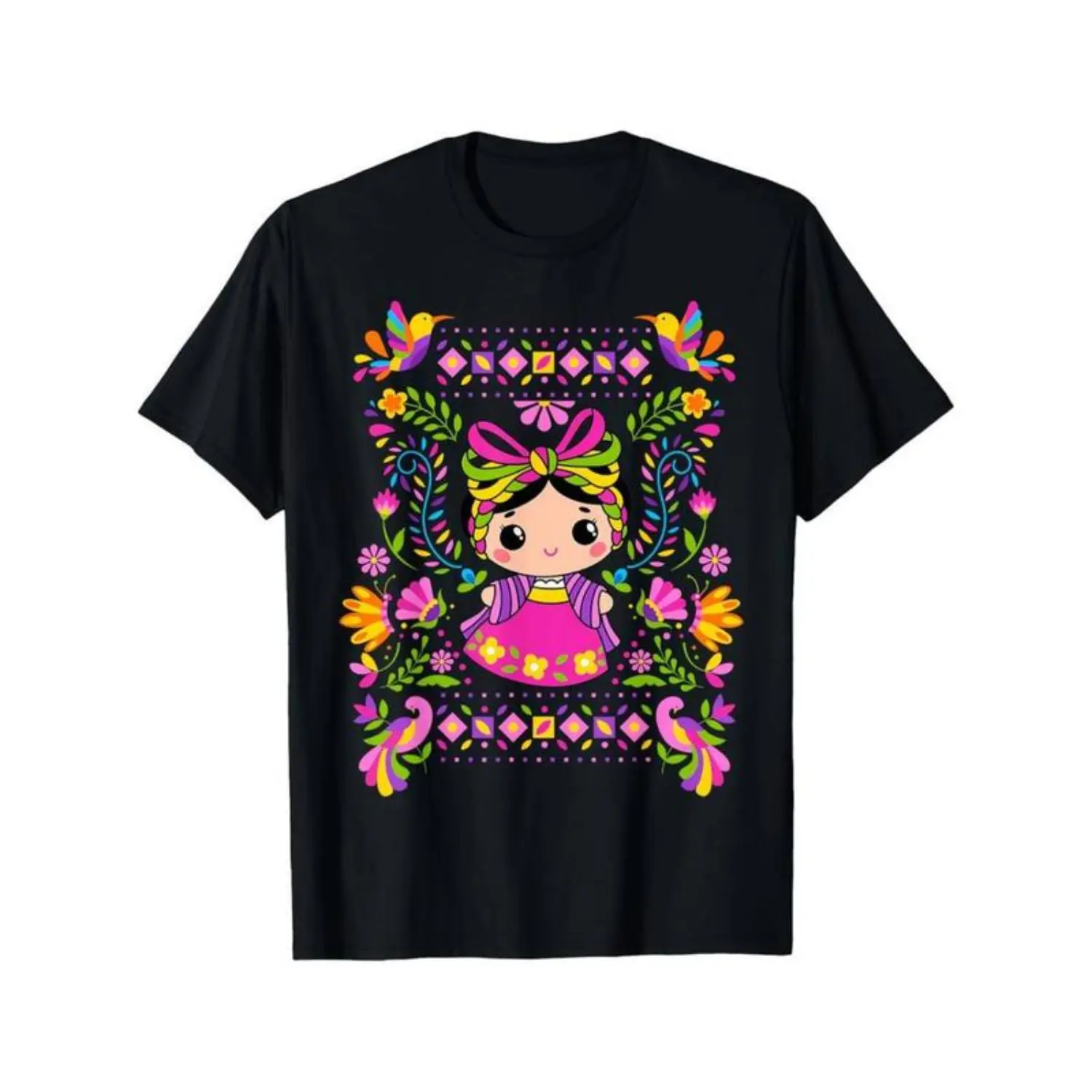 Mexican Mazahua Lele Maria Folk Art Cotton T-Shirt With Vibrant Floral Patterns And Playful Cartoon Graphics For Women Comfortable Short Sleeve Casual Wear
