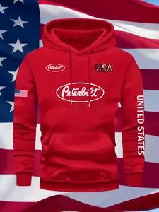 Men's Fall Winter Trendy Peterbilt Usa Print Hoodie, Casual Fitted Hooded Sweatshirt, Drawstring Pocket Design, United States Pattern