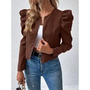 Solid Color Zip Puff Sleeve Jacket, Elegant Crop Jacket For Spring & Fall, Women's Clothing Womenswear Coats