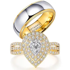 vowsering 1CT Pear CZ Wedding Ring Set for Women & Men Yellow Gold Plated Bridal Couple Rings Tungsten Ring Wedding Band