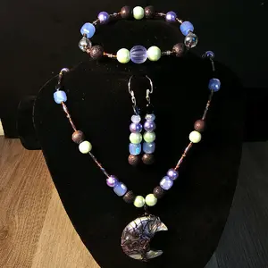 Gabriela Haller HigherKii Abalone Moon Jewelry Set with Crescent Pendant and Beaded Necklace Set